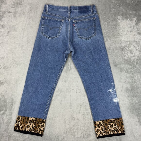 LEVIS 501xx Straight Leg Button Fly Womens Reworked Cheetah Print Denim Jeans 31 - Picture 2 of 10